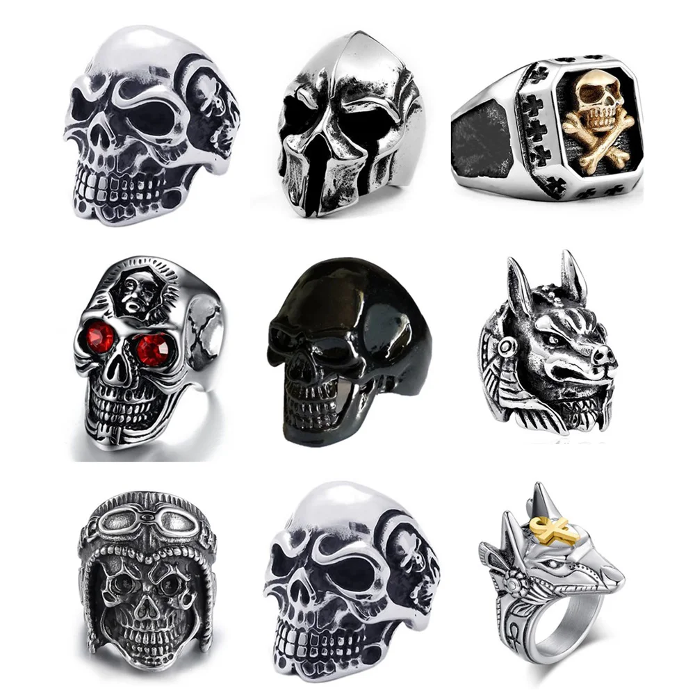 Charmsmic мужские панк Винтаж череп серебряного цвета кольца с головой красными