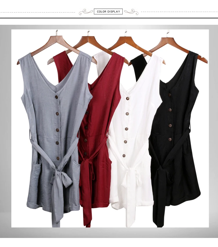 

2021 Summer Clothes Off Shoulder Belted Tunic Sleeveles Playsuit Solid Casual V-neck Short Home Jumpsuit