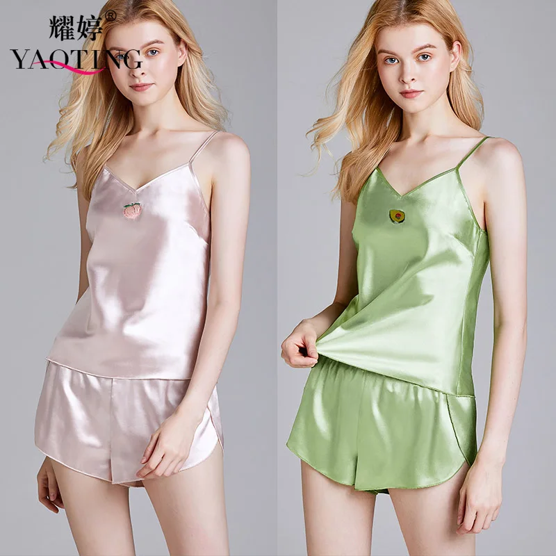 

Летняя короткая Пижама YAO TING 2020 с открытой спиной, женская одежда для сна из полиэстера, атласа, шелка, ночная рубашка с V-образным вырезом, пи...