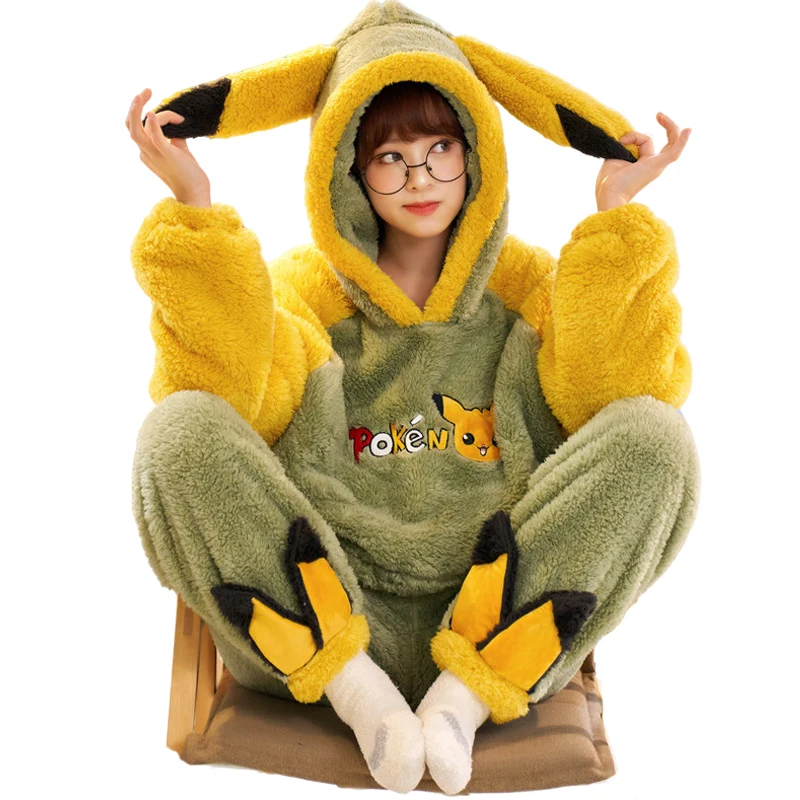 

Плюшевая Пижама Pokmon Pikachu, Женская осенне-зимняя утепленная флисовая новая милая Студенческая фланелевая Домашняя одежда, костюм-двойка