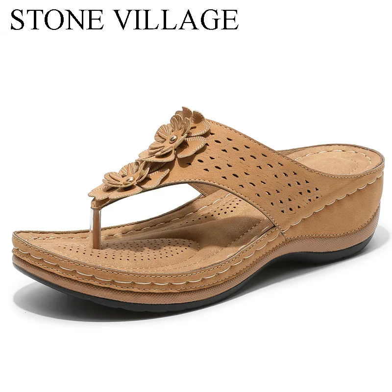 Женские Летние вьетнамки на танкетке с цветочным принтом шлепанцы повседневные