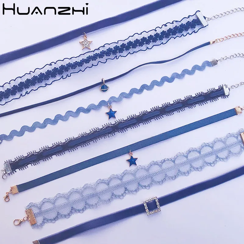 HUANZHI 2020 New Japanese Sweet Blue Lace Velvet Planet Pendant Clavicle Chain Choker Necklace for Women Vacation Jewelry | Украшения и