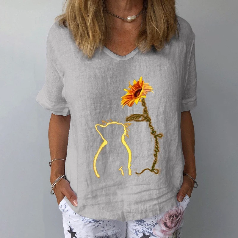 Рубашка женская льняная с цветочным принтом Элегантная блузка V-образным вырезом