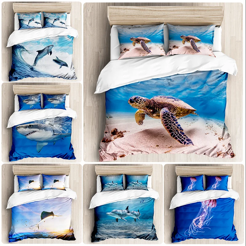 

3d Marine Life Bedding Set Deep Sea Duvet Cover Turtle Shark Jellyfish Quilt Cover Microfiber 2/3piece Comforter Cover Twin Full