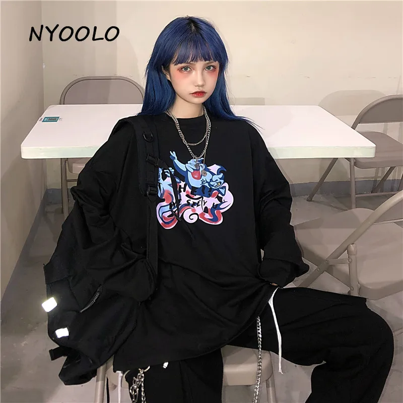 NYOOLO Harajuku стиль spoof мультфильм печати футболка осень уличная свободная o-образным вырезом с длинным рукавом Футболка женская мужская одежда Топ