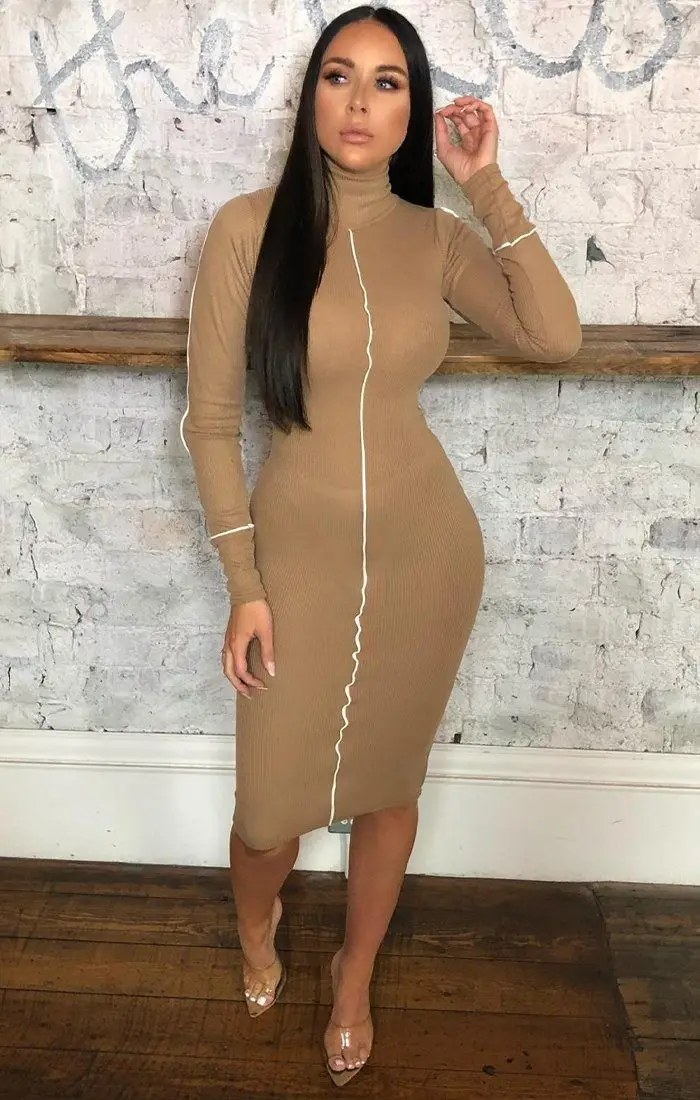 Женское неоновое платье с длинным рукавом повседневное розовое облегающее