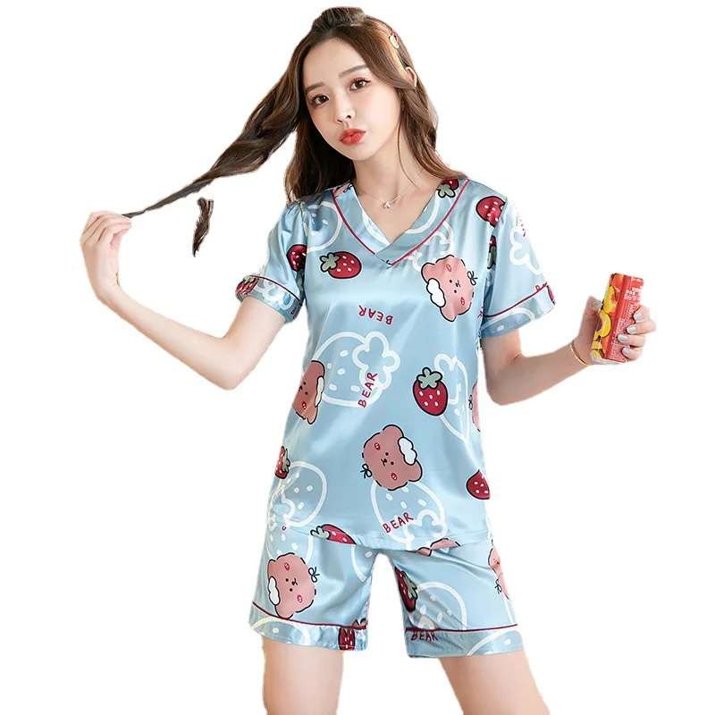 

Summer Silk Ice Pajamas Female Cute Japanese Short-sleeved Pullover V-neck Silk New Thin Section Pijamas Women Sleepwear