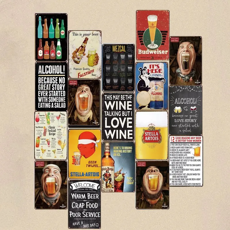 

Beer Wine Drink Art Retro Nostalgia Plaque Metal Tin Signs Cafe Bar Pub Club House Signboard Wall Decor Iron Paintings