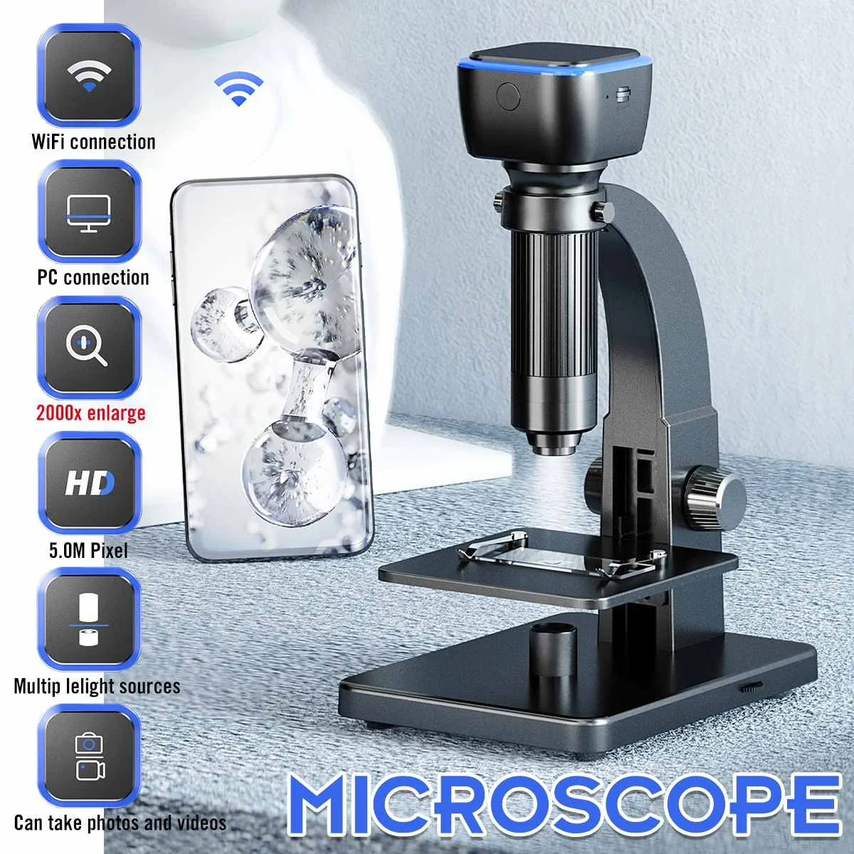 

2000X цифровой микроскоп с двумя объективами для DIY 0-2000x WiFi/USB соединение, промышленные микроскопы, увеличитель непрерывного усиления