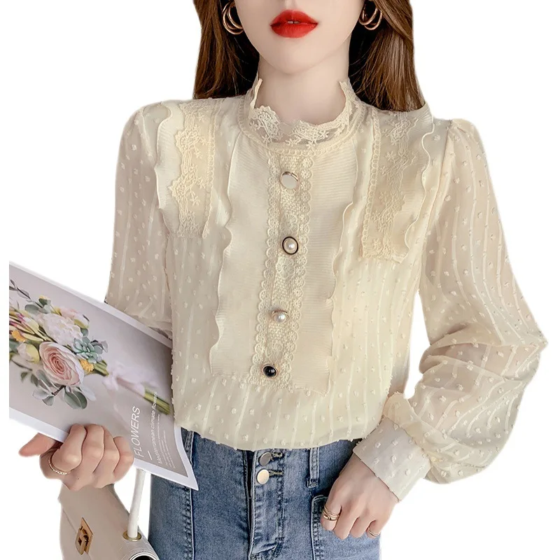

O-Neck Chiffon Women Blouse Korean Style Long Sleeve Solid Lace Women Top 2021 New Spring Autumn Fashion Elegant Female Shirts