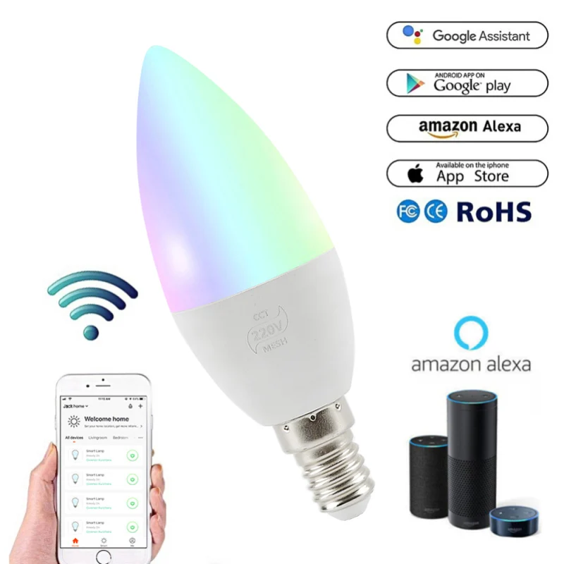 Умная лампочка голосового управления E14/E12 4 Вт RGB Лампочка Светодиодная лампа