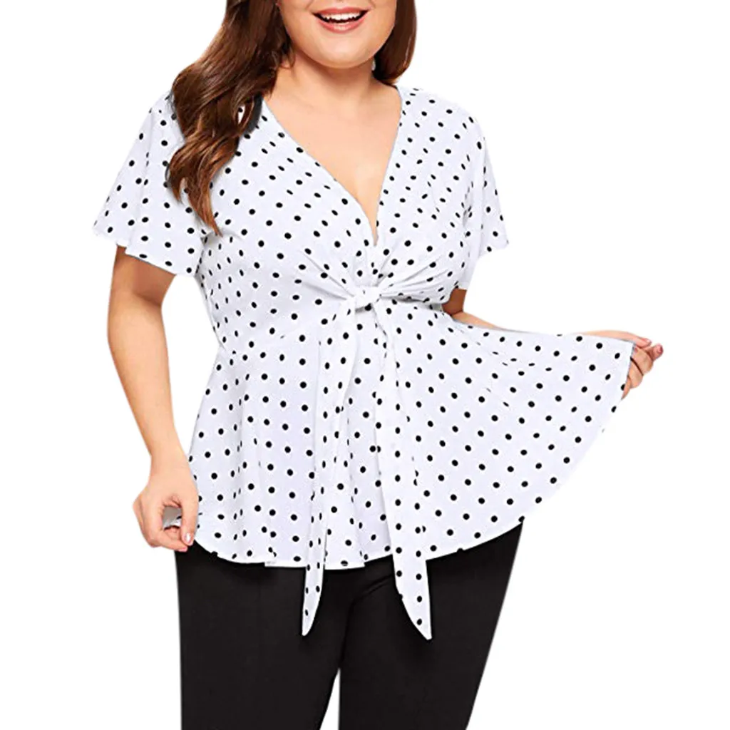 

Plus Size Women's Blouse V Neck Polka Dot Print Short Sleeve Tops 2021 Summer Fashion Leisure Women's Shirt Ladies Tunic