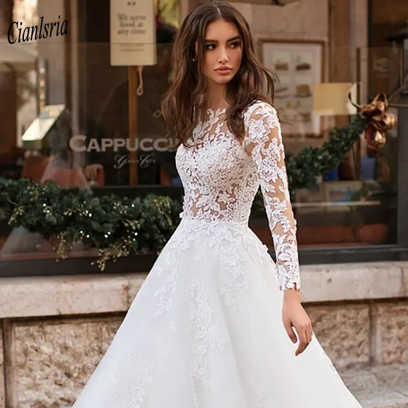 

Elegant Illusion Top Long Sleeves Wedding Dress Gorgeous Appliques Lace See Through Back Long Country Bridal Wedding Dresses