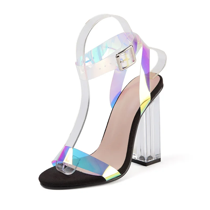 

2021 Women Sandals Shoes Celebrity Wearing Simple Style PVC Clear Transparent Strappy Buckle Sandals High Heels Shoes Woman