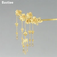 bastiee fashion flower dangle 999 sterling silver hair stick for women golden plated tassel hair pin hmong luxury jewelry