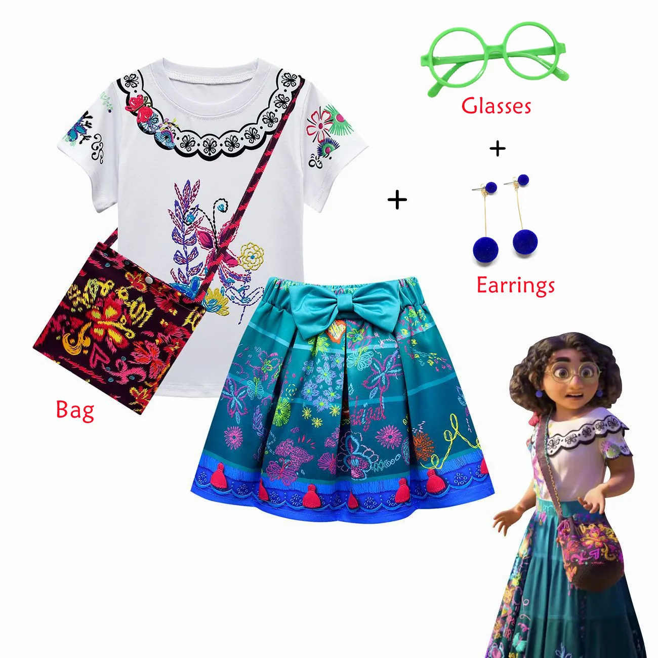 Новинка костюм для девочек enfeng Mirabel Детская футболка + юбка сумка очков и серьги