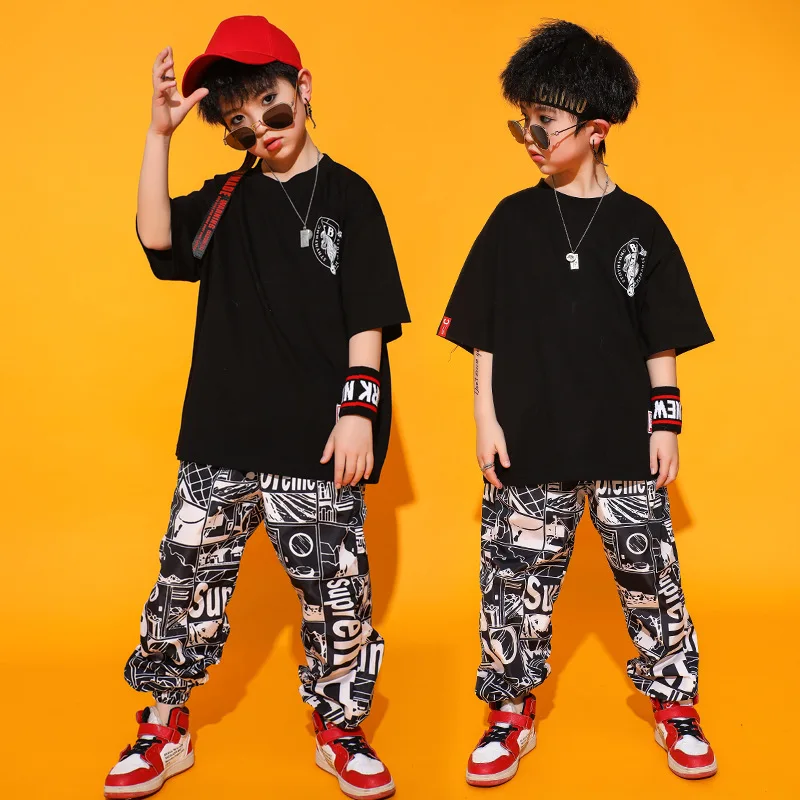 

Children Dance Wear Hip Hop Costumes for Boys Ballroom Dancing Costumes Black T Shirt Pants Modern Jazz Show Dance Clothes Wear