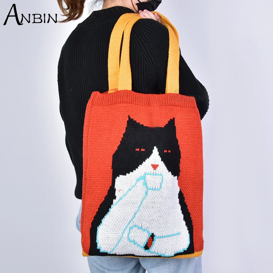 

Women Shoulder Bag Wool Knitting Cute Cat Large Capacity Tote for Girls Cotton Cloth Fashion Student Bookbag Shopping Handbag