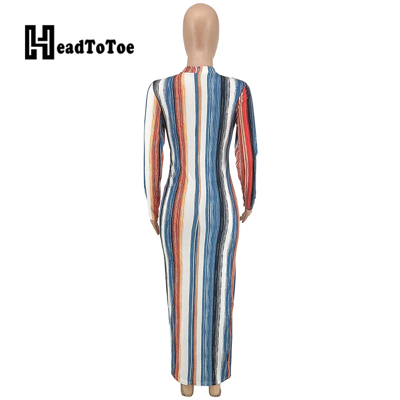 

Stripes Printed Long Sleeve Lace Up Bodycon Mid-calf Dress Women Mock Neck Casual Dresses