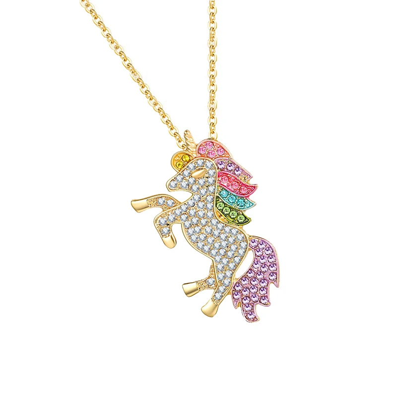 necklace Qilmily набор из циркония с разноцветным единорогом, ожерелье и браслет и серьги и кольцо для женщин и девочек, Золотое кольцо, регулируемые ювелирные изделия, подарки - Окраска металла: necklace
