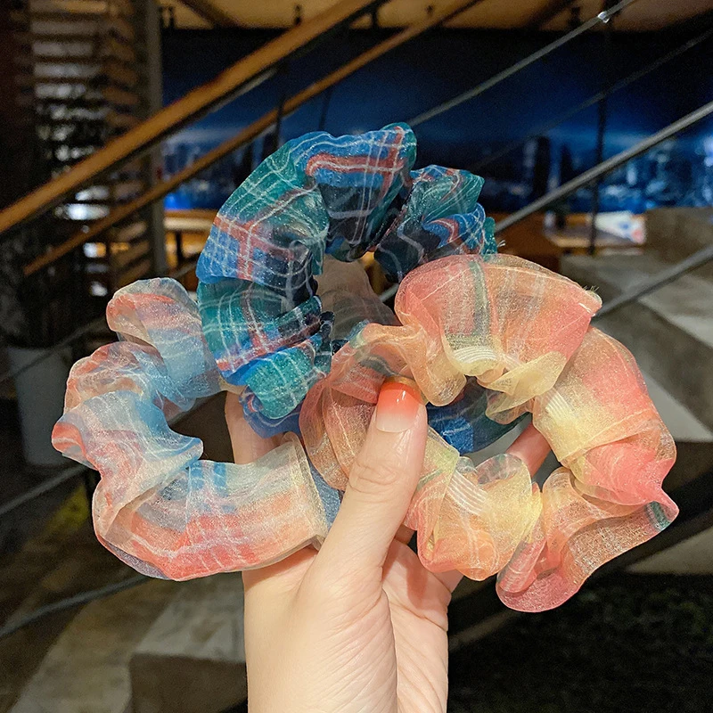 

Super fairy plaid net yarn large intestine ring French pure color pearlescent transparent yarn fat intestine ring adult gift
