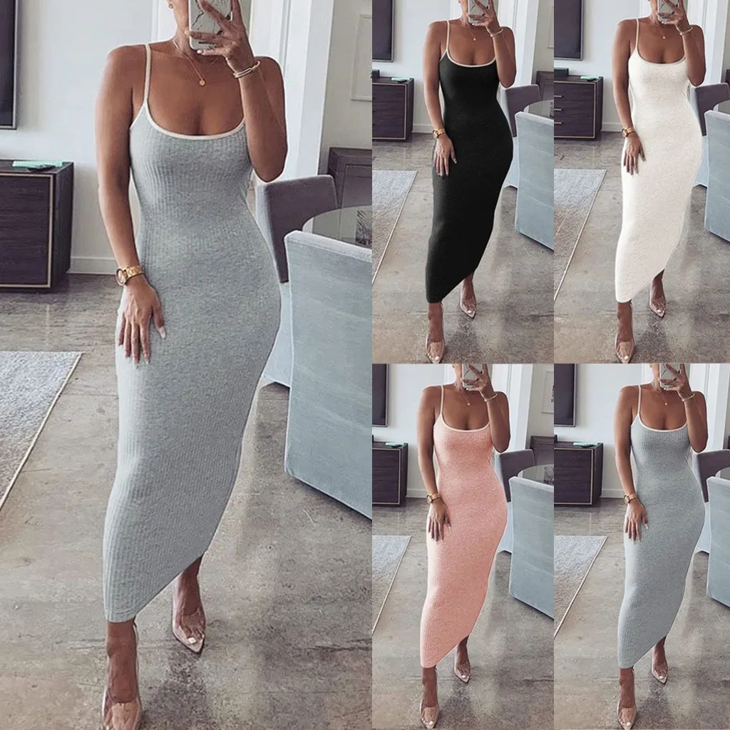 Женское облегающее платье без рукавов повседневное однотонное на бретельках