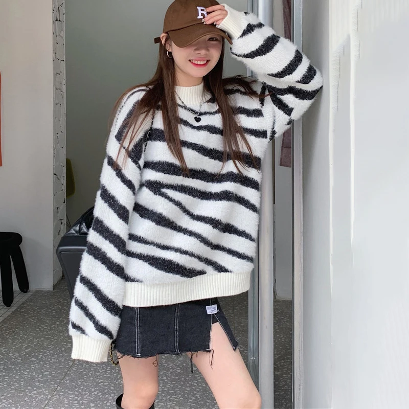 

Свободные пушистые свитера от бетканье, пуловер, женские свитера, женские утепленные полосатые вязаные топы с зеброй, Женская осенне-зимняя...