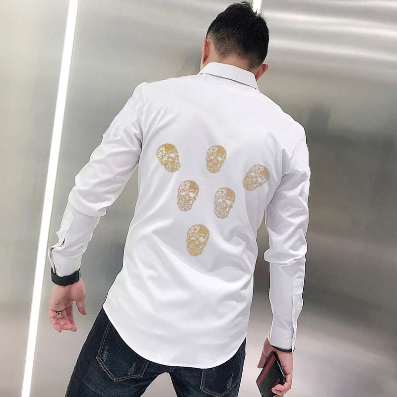 Fall Popular Men's T-Shirt Simple Cotton Slim Long-Sleeved Rhinestone All-Match Street Hot Drill Skull Button Style