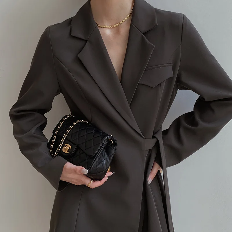 

SuperAen Spring and Autumn New Notched Office Lady Belt Straight Solid Knee-Length Woman Dress