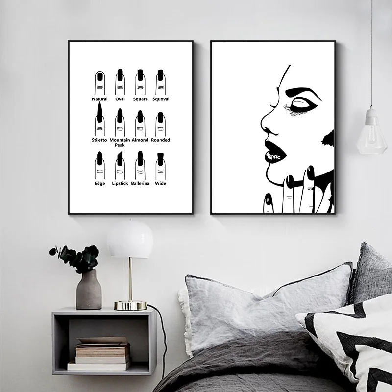 Черно белый модный постер для девочек рисунок ногтей макияж холст настенная