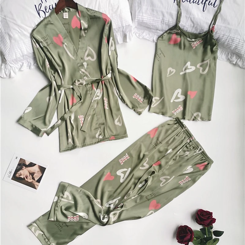 

3PCS Sleepwer Sexy Kimono Robe Bath Gown Women Satin Robe Casual Intimate Lingerie Nightgown Print Flower Nightdress Pajamas