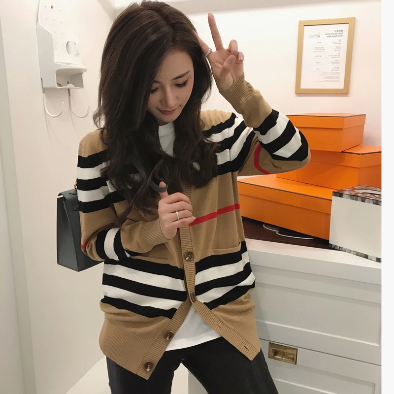 

Women's sweater women's jacket cashmere cardigan mid-length knitted jacket V-neck loose striped sweater thin ladies trench coat