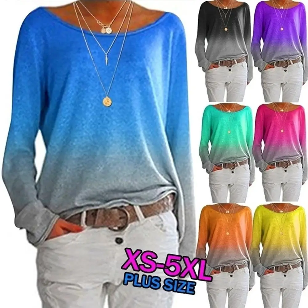 

2020 Autumn Winter Gradient Women T-shirt Casual O-neck Long Sleeve Rainbow Pullover Tops Plus Size S-5xl Blue Black T-shirts