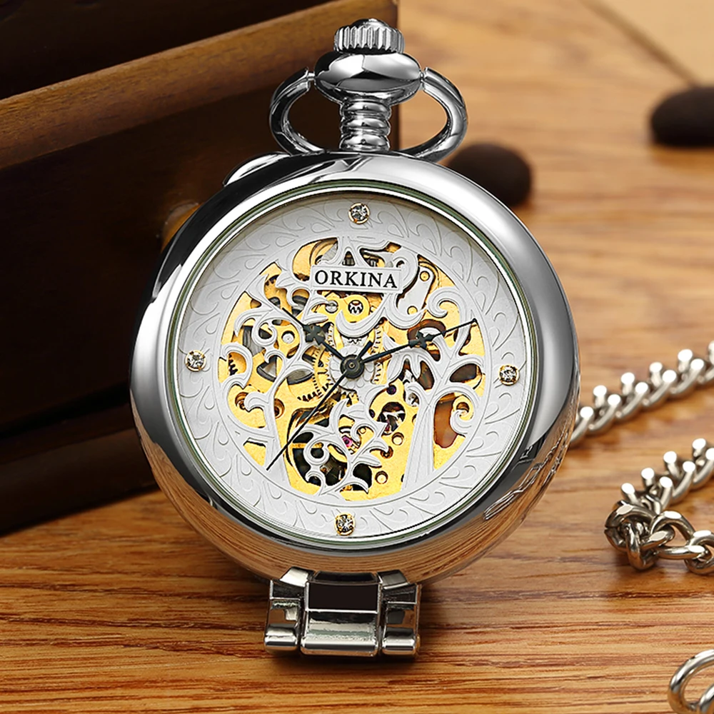 Vintage Table Stand Hollow Mechanical Pocket Watch Hand Winding Golden Men Women Watches with Fob Chain Clock reloj de bolsillo