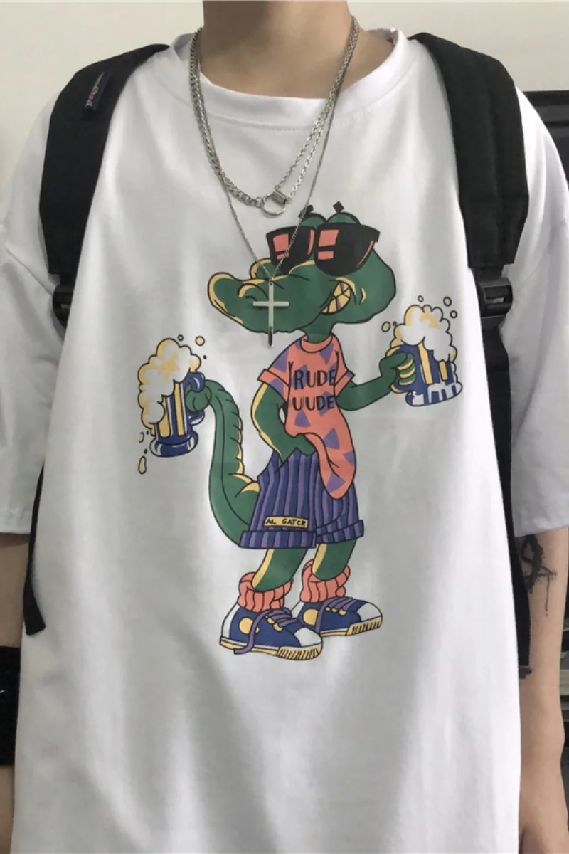 

2021 Personality Fashion Short Sleeve Men's Fashion Brand Ins Loose Cartoon T-shirt Korean Style Versatile Five-Quarter Sleeve