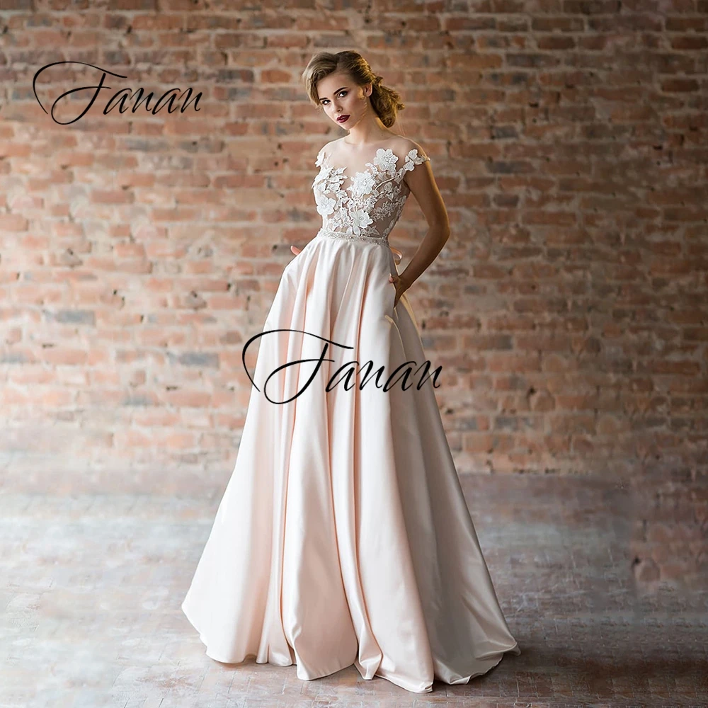 

O-Neck 3D Lace Appliques Beading A-Line Wedding Dresses Short Sleeve Satin Bridal Gown With Pockets vestido de noiva платье
