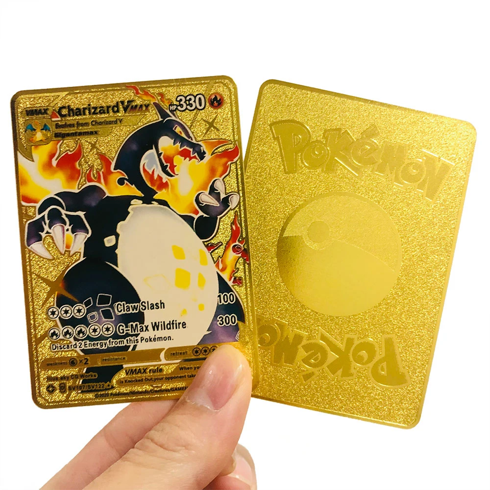 

Новинка, Покемон, английская Charizard Vmax Mewtwo, блестящее золото, нержавеющая сталь, игровая бирка, команда файтингов, серия, Детский Рождественск...