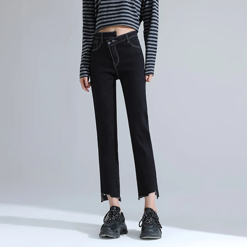 

Autumn And Winter Women's High Waist Diagonal Buckle Stretch Cotton Straight Jeans Ankle-Length Pants Raw Edge Cigarette Pants