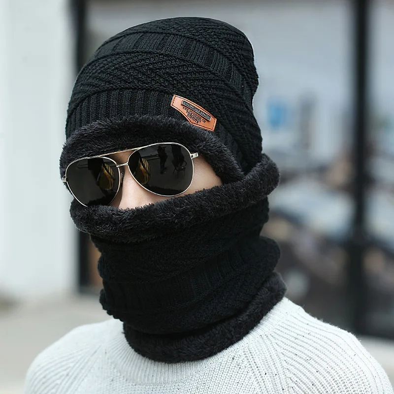 

IWINTER Winter Hat Scarf For Men Boys Warm Soft Knitted Hat Scarf Set Velvet Skullies Beanies Hats Scarves Women Girls Hot Sale