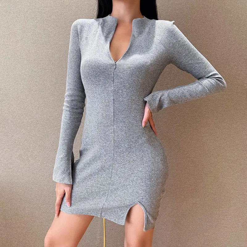 

Herbst Frhling Frauen Kleidung Dame Partei Bodycon Kleid Damen langarm Zip-up Split Sexy Grund Dnne Vestidos Weibliche