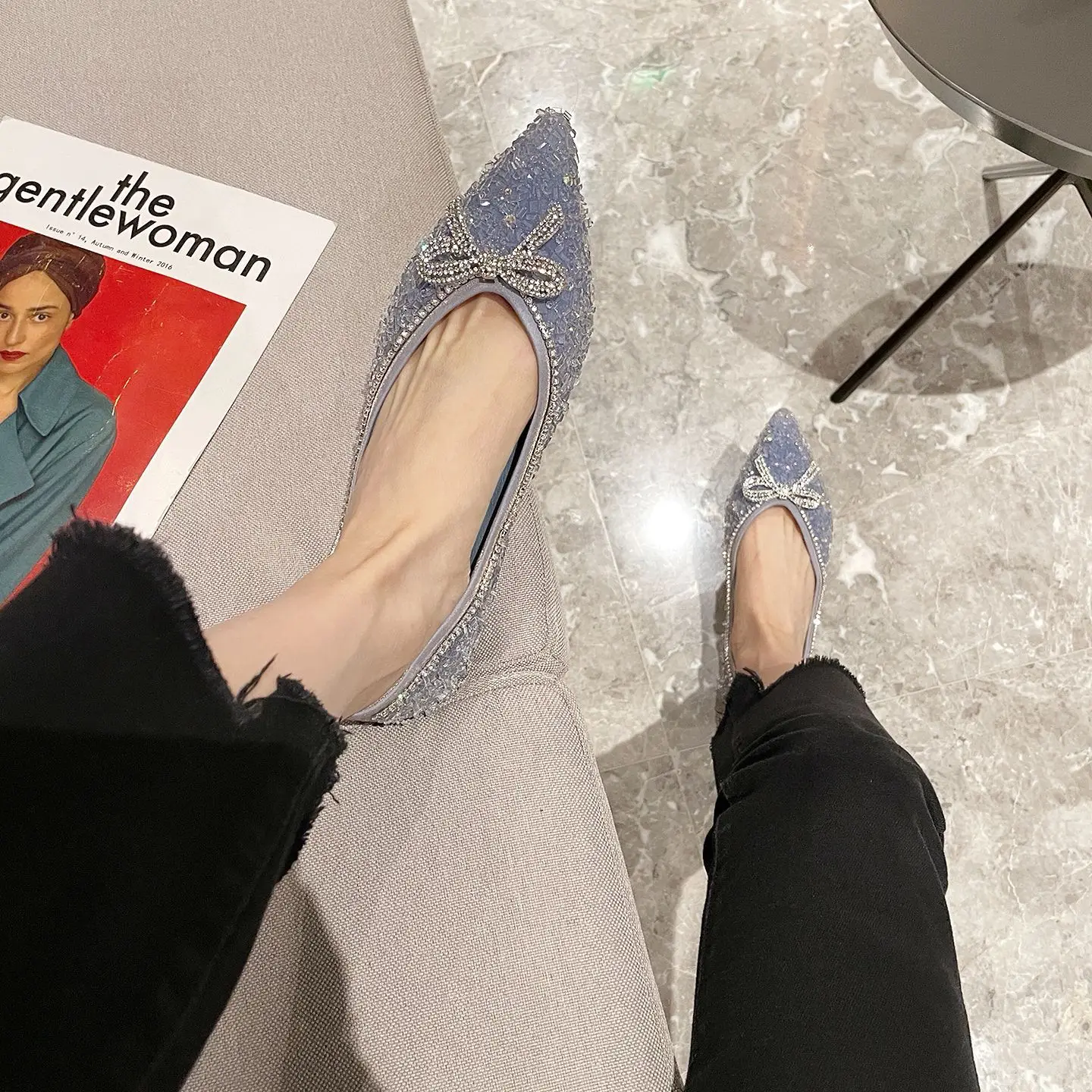 

Luxury Rhinestone Fashion Pointed Toe Women's Pumps Female Butterfly Knot Summer Casual Soft Boat Shoes Slip On Ballet Flat