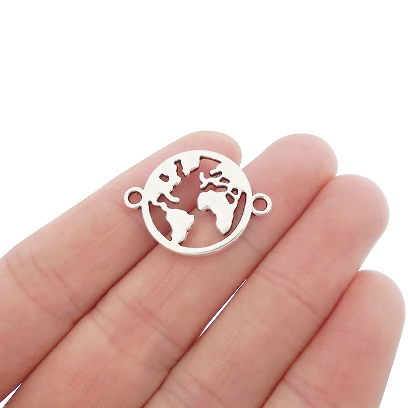 

10 x Tibetan Silver Earth Global World Map Round Connector Charms Pendants For Bracelet Jewelry Making Findings 26x19mm