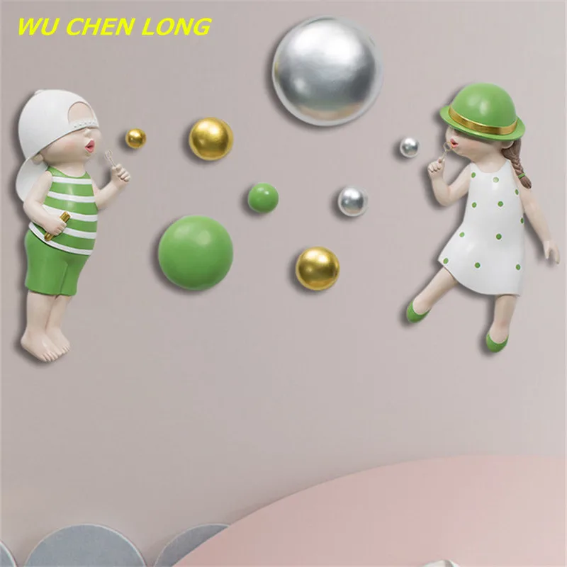 

WU CHEN LONG Nordic Creative Bubble Girl And Boys Wall Decor Resin 3D Figure Statue Wall Hanging Craft Modern Home Decor R5623