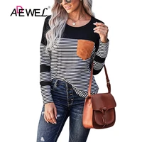 adewel casual stripes tshirt women stitching contrast color long sleeve t shirts slim fashion t shirt female spring tops 2021