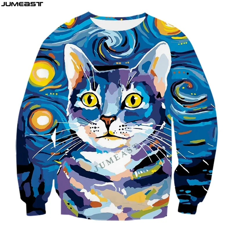 

Jumeast Men Women 3D Sweatshirt Psychedelic Colorful Bule Cats Harajuku Punk Long Sleeve Funny T Shirt Sport Pullover Tops Tees