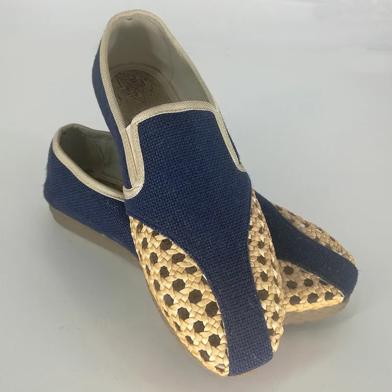 Men Women Sandals Hallow Woven Loafers Handmade Flax Shoes Breathable Comfortable Slip-On Flats Khaki Blue Linen Shoes