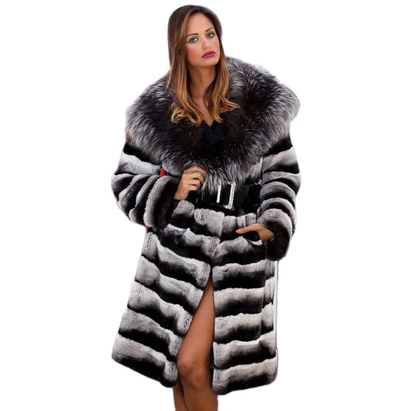 100cm Long Real Chinchilla Color Rex Rabbit Fur Coat with Silver Fox Fur Hood Fashion Women Winter Rex Rabbit Fur Coat Genuine