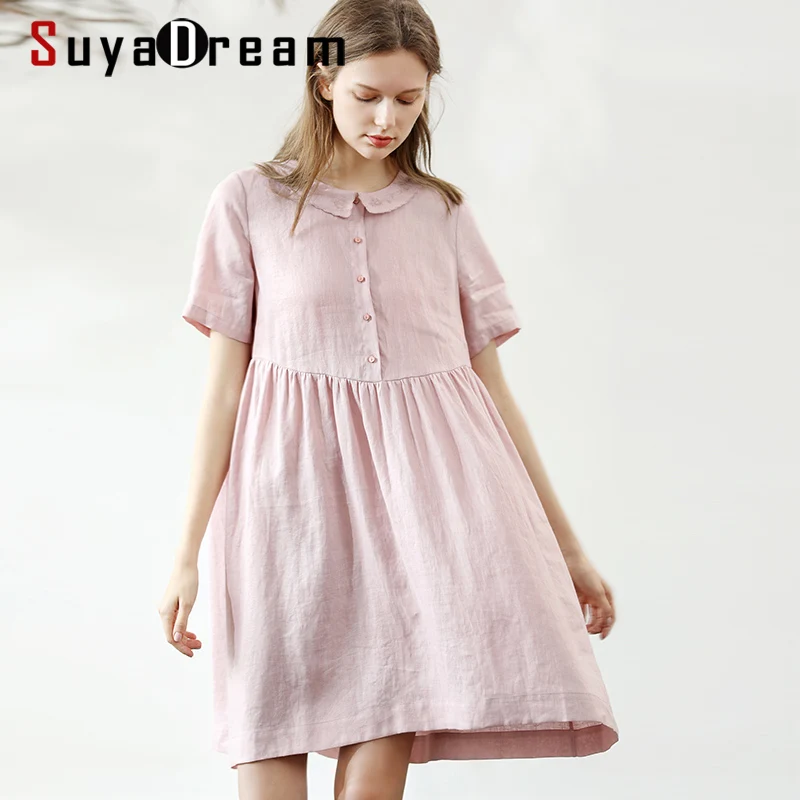 Платье SuyaDream женское льняное 100% лен однотонное с коротким рукавом милые мини