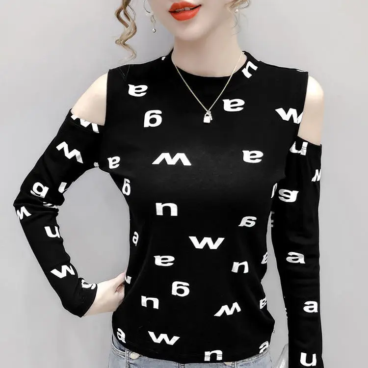 

Letter printed round neck long sleeve T-shirt ladies autumn new sexy shoulder slim bottoming shirt