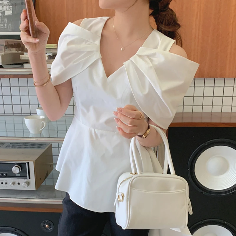 

ZAWAHIKI Korean Simplicity Elegant Women Shirt Summer V Neck Patchwork Off Shoulder Design Slim Waist Irregular Tops Solid Shirt